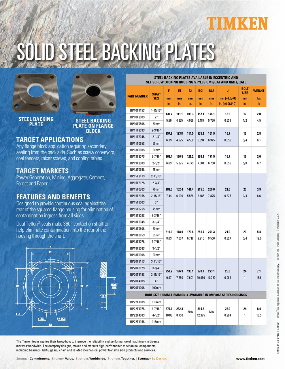 2-3/16" Timken SRB Square Flange Backing Plate w/Dual Teflon Seals  BP11T203S