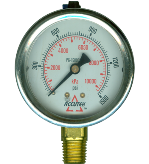 0-1000 PSI  - 2-1/2" Liquid Filled - Stainless Case - Brass Stem Mount - Pressure Gauge  PG-1000SG25