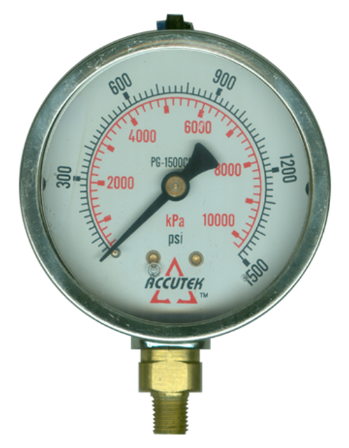 0-1500 PSI  - 4" Liquid Filled - Stainless Case - Brass Stem Mount - Pressure Gauge  PG-1500SG4