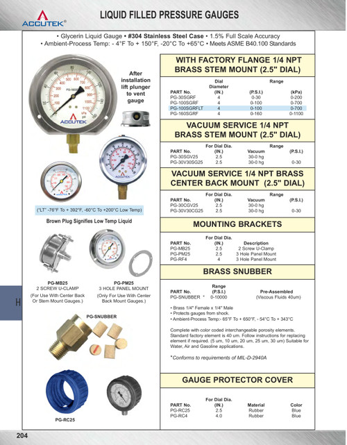 0-160 PSI  - 4" Liquid Filled - Stainless Case - Brass Stem Mount - Pressure Gauge w/Flange  PG-160SGRF