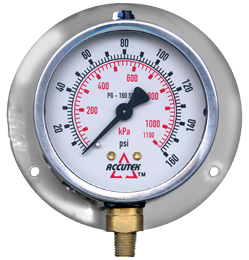 0-160 PSI  - 4" Liquid Filled - Stainless Case - Brass Stem Mount - Pressure Gauge w/Flange  PG-160SGRF