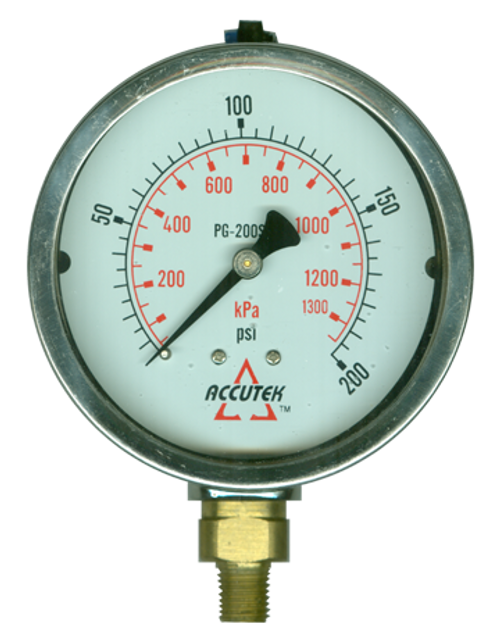 0-200 PSI  - 4" Liquid Filled - Stainless Case - Brass Stem Mount - Pressure Gauge  PG-200SG4