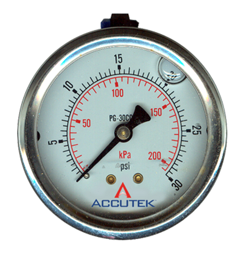 0-30 PSI  - 2-1/2" Liquid Filled - Stainless Case - Brass Center Back Mount - Pressure Gauge  PG-30CG25