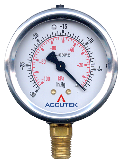 30-0 VAC  - 2-1/2" Liquid Filled - Stainless Case - Brass Stem Mount - Vacuum Gauge  PG-30SGV25