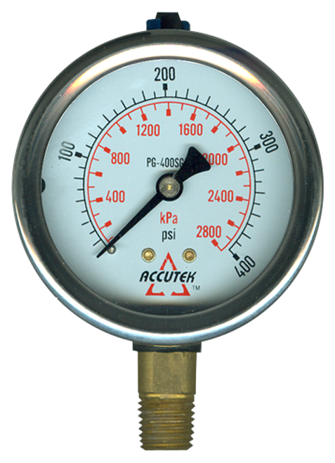 0-400 PSI  - 2-1/2" Liquid Filled - Stainless Case - Brass Stem Mount - Pressure Gauge  PG-400SG25
