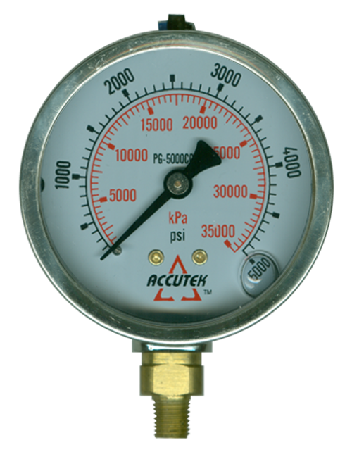 0-5000 PSI  - 4" Liquid Filled - Stainless Case - Brass Stem Mount - Pressure Gauge  PG-5000SG4