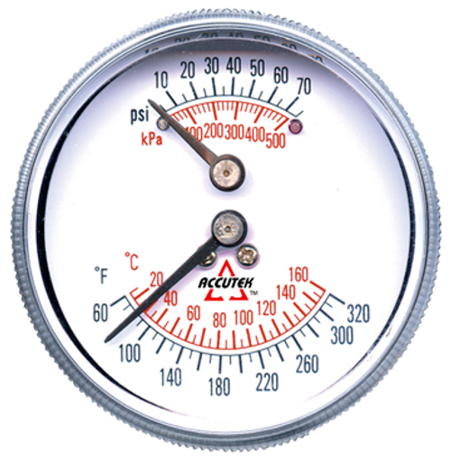 0-75 PSI  - 2-1/2" Dry - Steel Case - Brass Center Back Mount - Temperature & PSI Tridicator  PG-75/320TR25-1