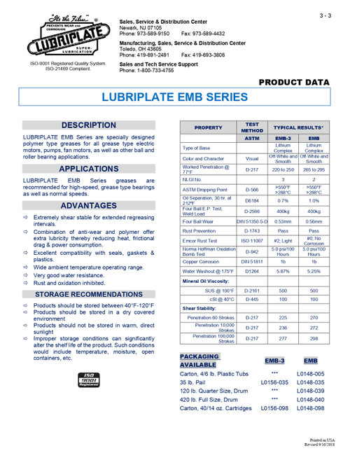 EMB Electric Motor Bearing Grease 14oz Cartridge   L0148-098