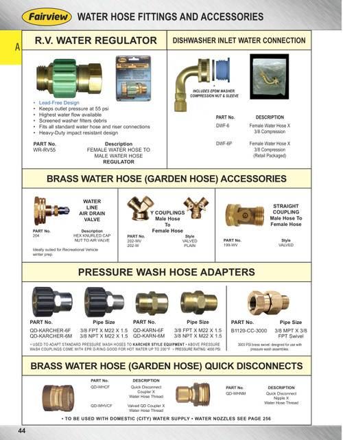 3/4"-11.5 Brass Female Water Hose Swivel - Male/Male Y-Coupling w/Shut-offs  202-WV