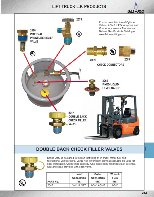 1-3/4 x 3/4" Brass Male ACME - Male NPT Propane Filler Check Valve   2047