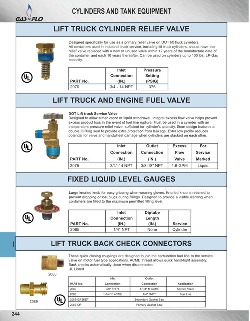 1-1/4 x 3/8" Brass Male ACME - Female NPT Fork Lift Propane Adapter w/Check Valve  2089