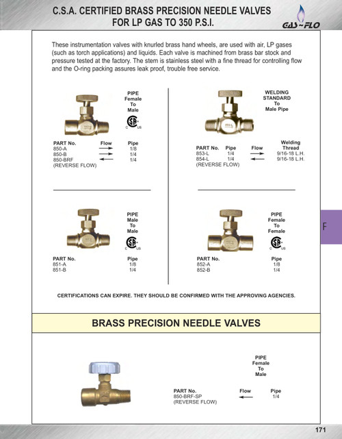 1/8" Brass Male NPT - Female NPT Precision Needle Valve  850-A