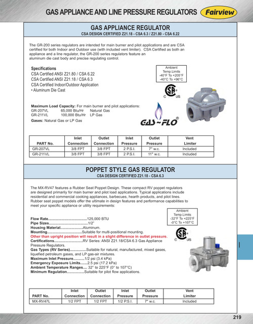 2 PSI  Gas Appliance Regulator w/Vent Limiter  GR-207VL