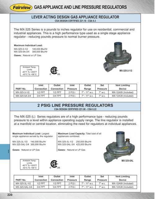 1/2" Maxitrol® Female NPT 140,000 BTU Lever Acting Regulator  MX-325-3-1/2