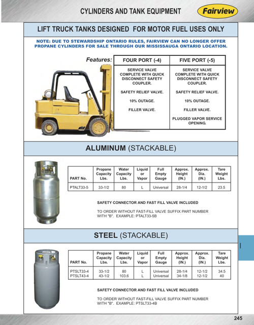 33-1/2 lb.  Fork Lift Propane Cylinder  PTALT33-5