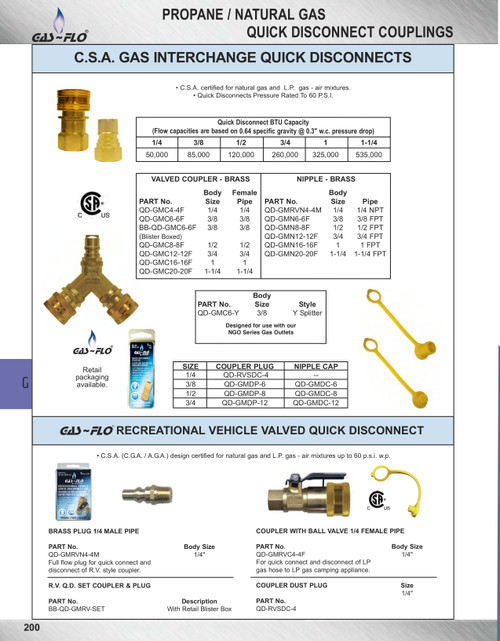 1/4 x 1/4" GAS-FLO® Brass Natural Gas Q/D Coupler - Female NPT  QD-GMC4-4F