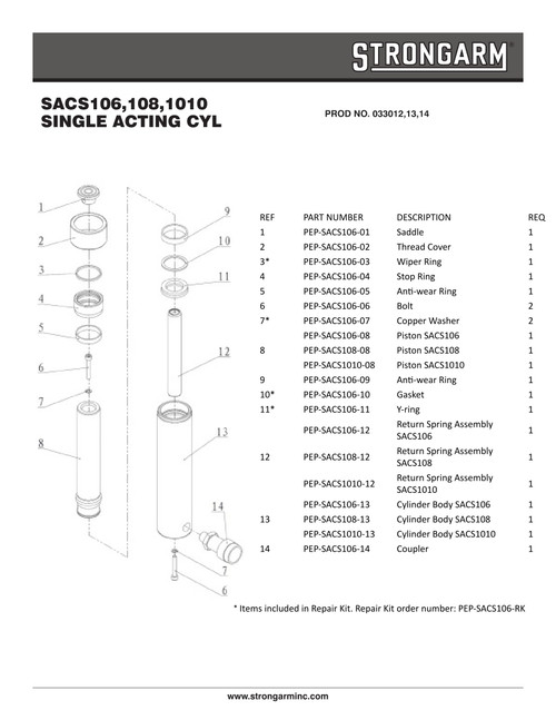 10" Stroke 10 Metric Ton Single Acting Cylinder  033014