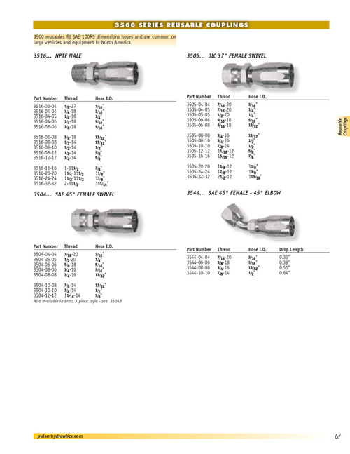 1/2 x 1/2" Pulsar 3500 Series Reusable Hose End - Female 37° JIC Swivel  3505-08-10