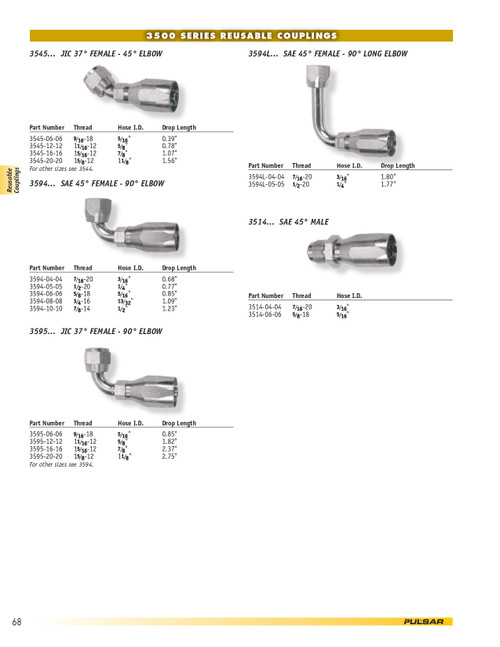 3/16 x 1/4" Pulsar 3500 Series Reusable Hose End - Female 45° SAE Swivel 90° Long Drop Elbow  3594L-04-04