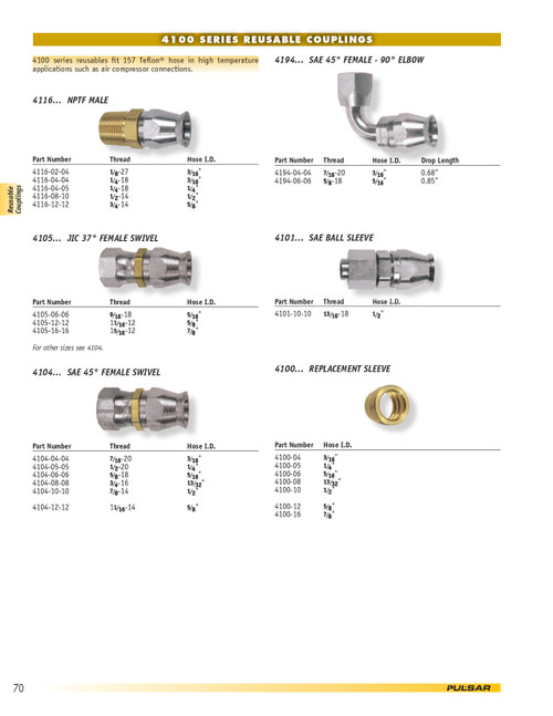 3/16 x 1/4" Pulsar 4100 Series Teflon® Reusable End - Female 45° SAE Swivel  4104-04-04