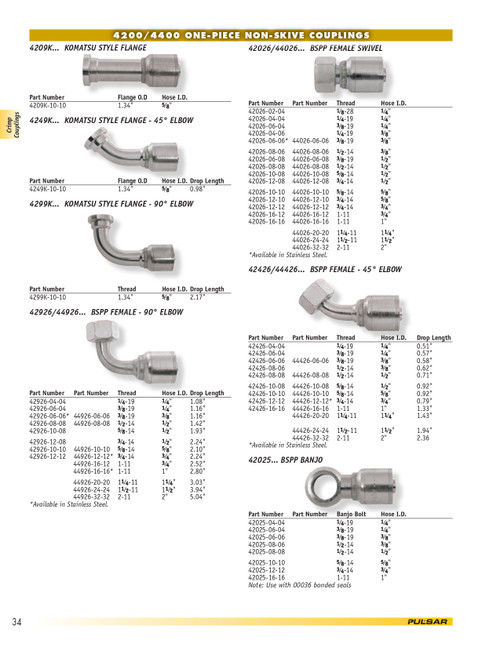 1-1/4 x 1-1/4" Pulsar 4400 Series Hose Crimp - Female BSPP Swivel 90° Elbow  44926-20-20