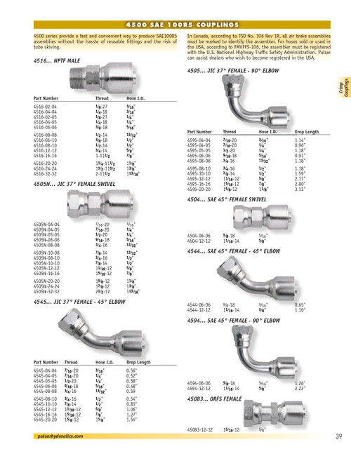 5/16 x 3/8" Pulsar 4500 Series Hose Crimp - Female 37° JIC Swivel 90° Elbow  4595-06-06