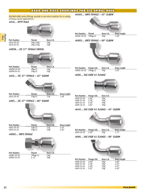 1-1/4 x 1-1/4" Pulsar 4600 Series Hose Crimp - Female 37° JIC Swivel 45° Elbow  4645-20-20