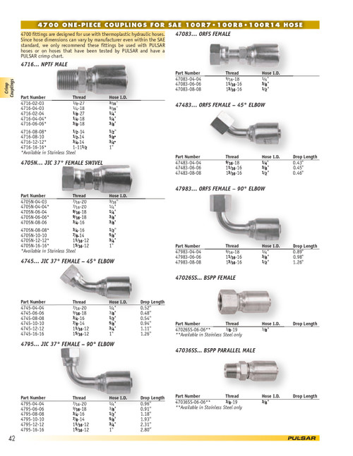 1/2 x 1/2" Pulsar 4700 Series Hose Crimp - Female JIC 37° Swivel 45° Elbow  4745-08-08