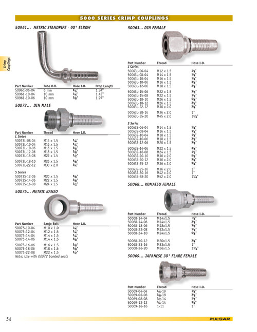 1/4 x M14-1.5 Pulsar 5000 Series Hose Barb - Female Komatsu Swivel  50068-14-04