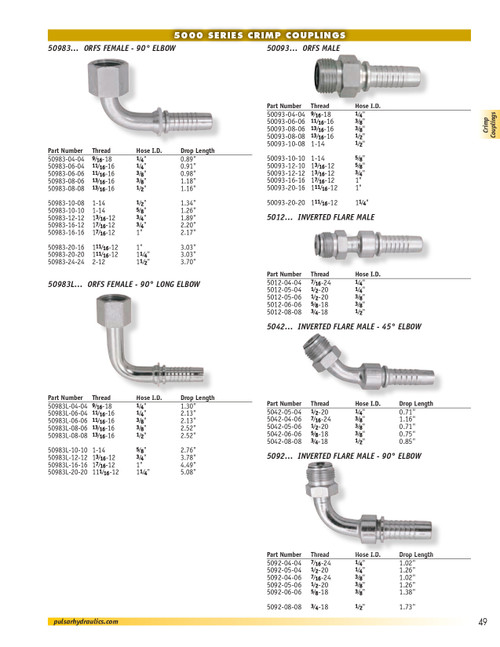 1/2 x 3/4"-18 Pulsar 5000 Series Hose Barb - Male 45° Inverted Flare 45° Elbow  5042-08-08