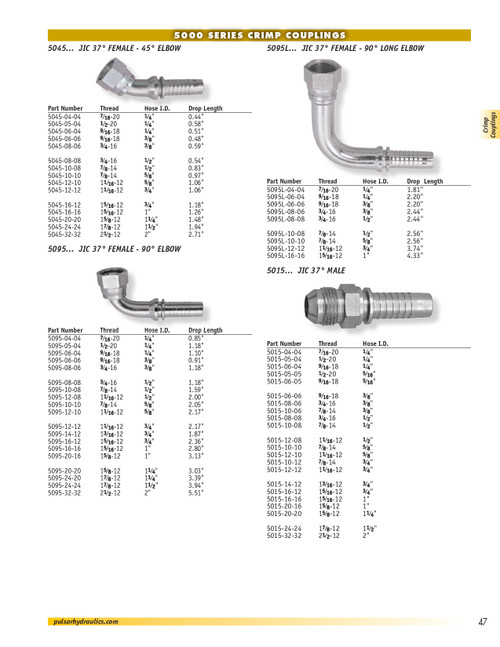 1/4 x 1/4" Pulsar 5000 Series Hose Barb - Female 37° JIC Swivel 45° Elbow  5045-04-04