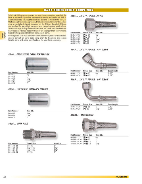 3/4 x 3/4" Pulsar 8600 Series Hose Barb - Female 37° JIC Swivel  8605-12-12