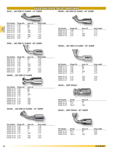 3/4 x 3/4" (1.50" Flange) Pulsar 9600 Series Hose Crimp - Code 61 Flange 45° Elbow  9649-12-12