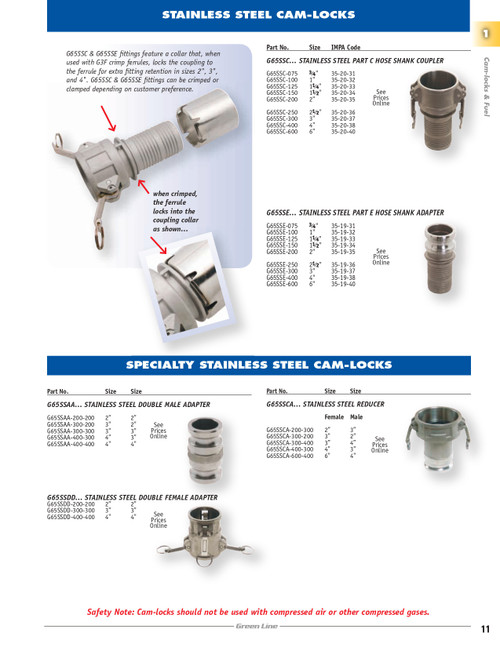 6 x 4" Stainless Type CA Female Camlock - Male Camlock  G65SSCA-600-400