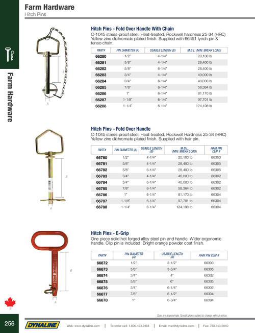 Folding Handle Hitch Pin w/Chained Lynch Pin 3/4 x 6-1/4"  66284