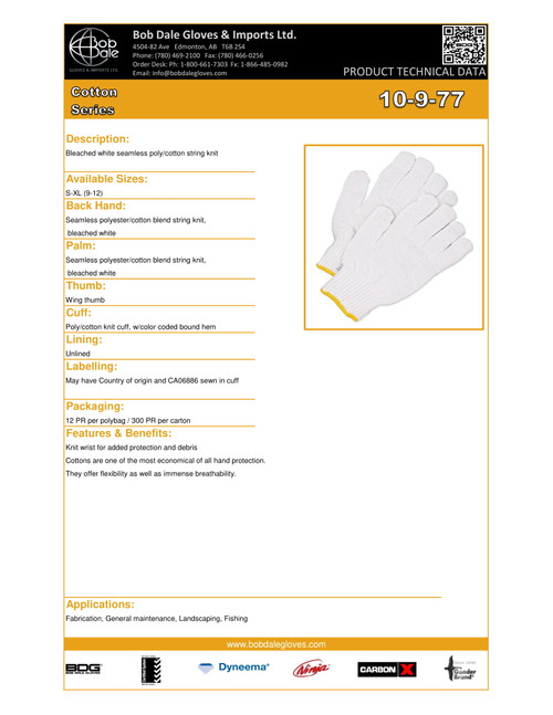 Seamless Knit Poly-Cotton String Knit Glove White  10-9-77