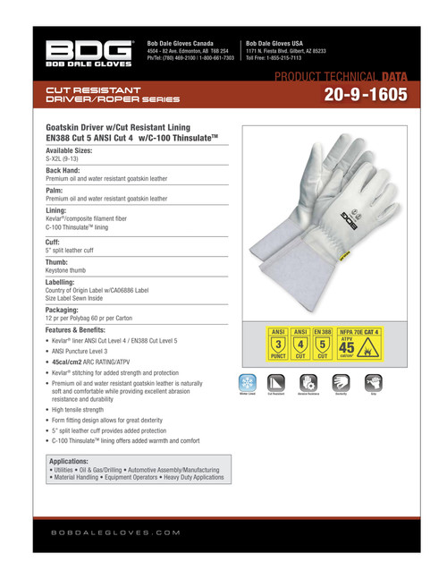 Winter Pearl Grain Goatskin Glove Kevlar®/Thinsulate® C100 w/5" Split Cowhide Gauntlet  20-9-1605