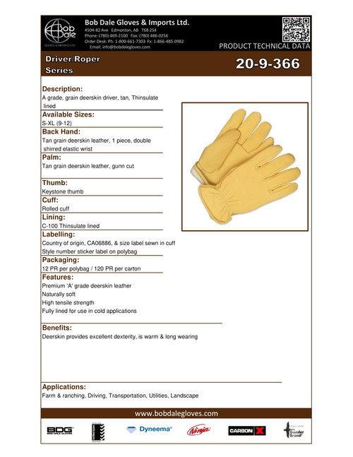 Winter Grain Deerskin Driver Thinsulate® C100 Keystone Thumb Tan  20-9-366