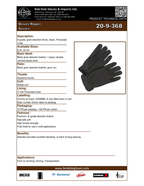 Winter Grain Deerskin Driver Thinsulate® C100 Lined Thumb Black  20-9-368