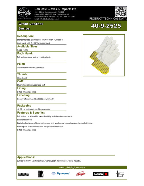 Winter Grain Cowhide Canvasback Fitter Safety Cuff Thinsulate® C100 Yellow/Blue Stripe  40-9-2525