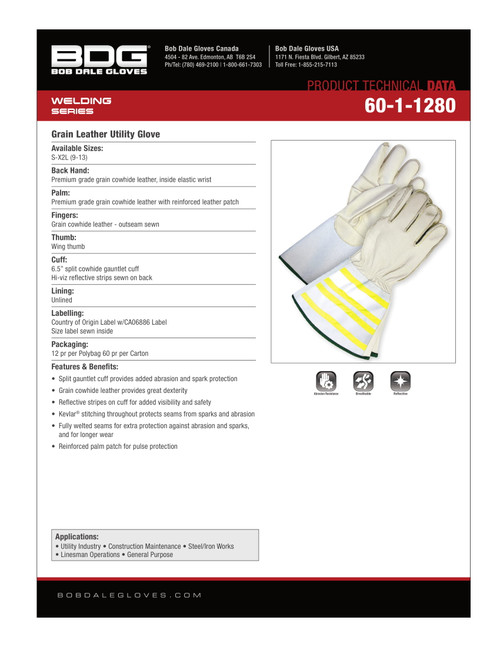 Grain Cowhide Weld Glove w/6.25" Split Cowhide Hi-Viz Gauntlet  60-1-1280