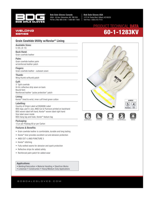 Grain Cowhide Weld Glove Kevlar® Lined w/3" Split Cowhide Hi-Viz Safety Cuff  60-1-1283KV