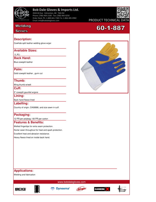 Split Cowhide Weld Glove Fleece Lined Backhand w/Gauntlet Blue/Gold  60-1-887