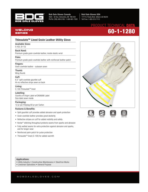 Winter Grain Cowhide Weld Glove Thinsulate® C100 Lined w/6.5" Split Cowhide Hi-Viz Gauntlet  60-9-1280