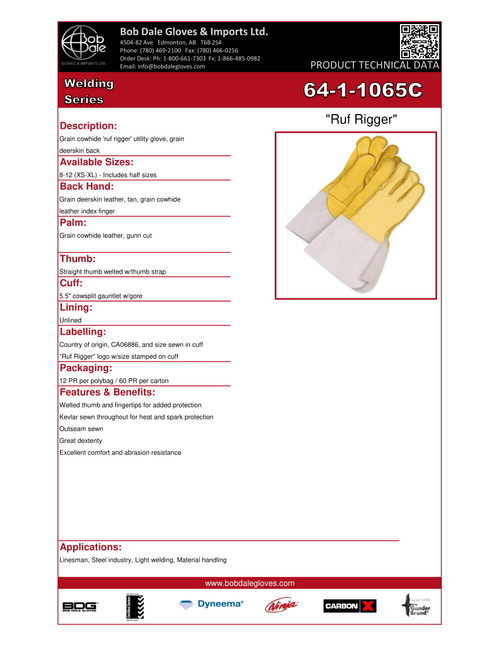 Grain Cowhide Palm & Deerskin Backhand Weld Glove w/5.5" Split Cowhide Gauntlet  64-1-1065C