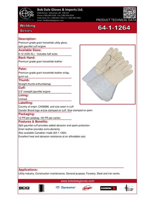 Grain Cowhide Utility Weld Glove w/5" Gauntlet  64-1-1264