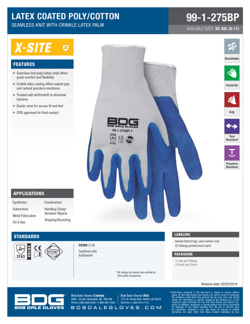 BDG® Seamless Knit Grey Poly-Cotton Blue Crinkle Latex Palm  99-1-275BP