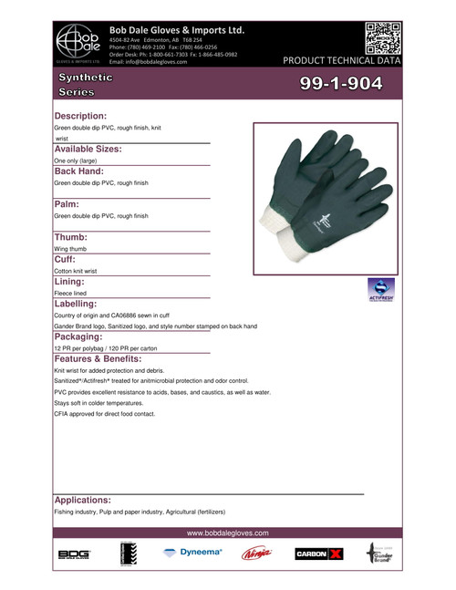 Gander® PVC Double Dipped Fleece Lined Glove Green w/White Knitwrist  99-1-904