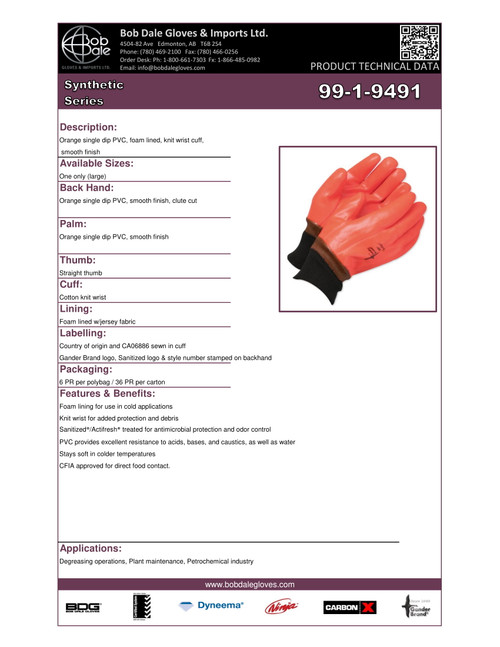 Gander® PVC Coated Foam Glove Hi-Viz Orange/Black Cuff  99-1-9491