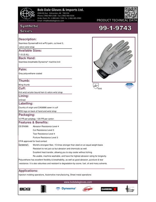 BDG® Polyurethane Coated Dyneema® Knit Cut-Rez Glove Grey  99-1-9743